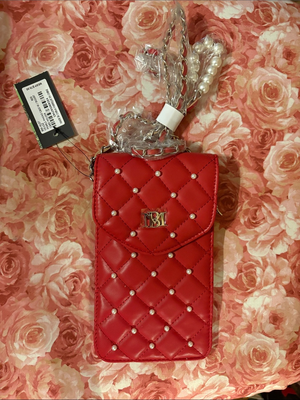 Badgley Mischka Red Quilted Pearl-Stud Phone Crossbody